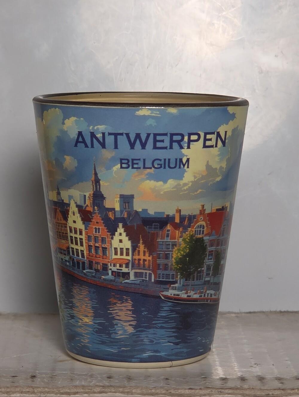 Vintage Antwerpen Shot Glass With Black Rim Waterfront Canal Shotglass